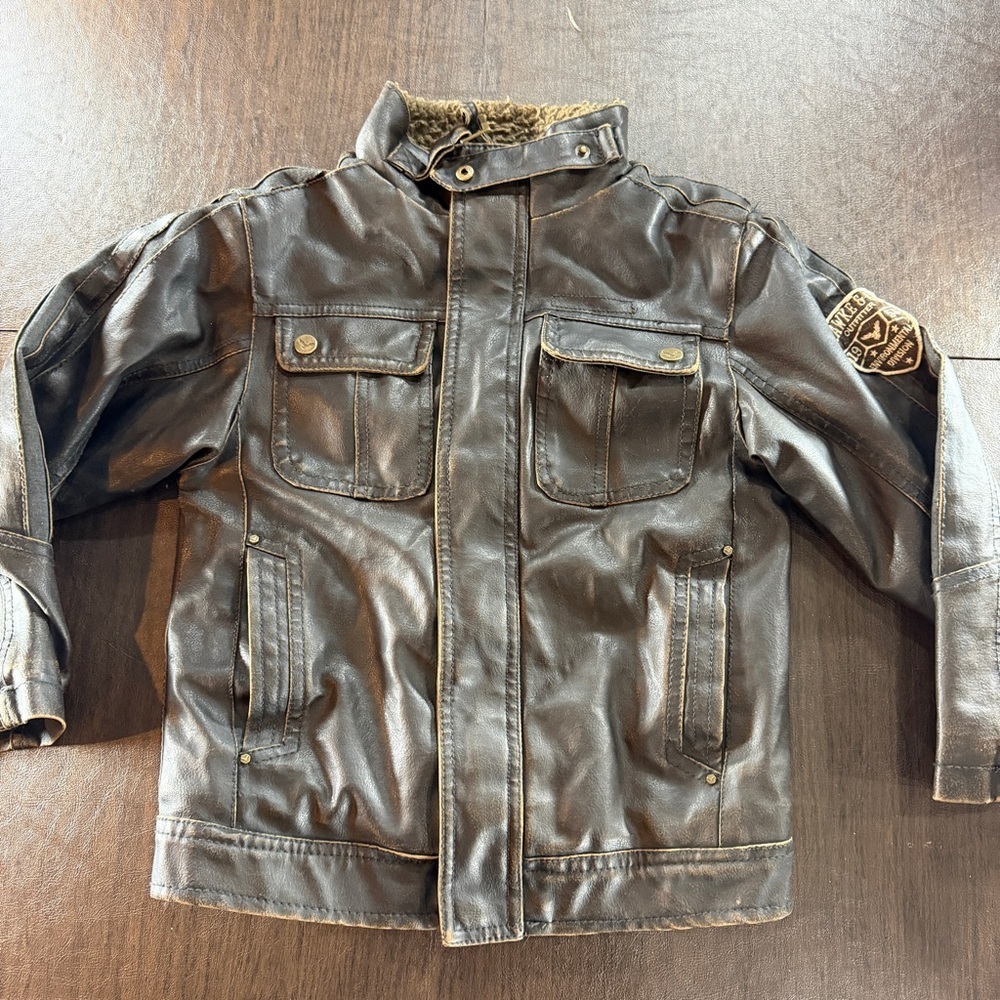 Hawke & Co Boys Helicopter Brown Faux Leather Jacket with Patch Sz 6